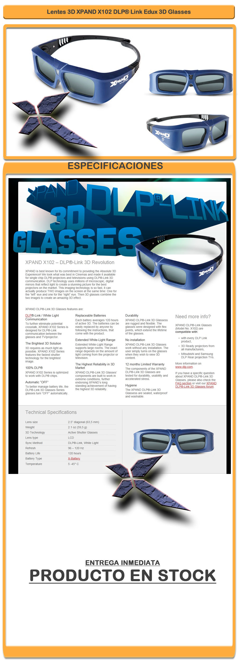 Lentes 3D XPAND X102 DLP link Para Proyectores 3D 